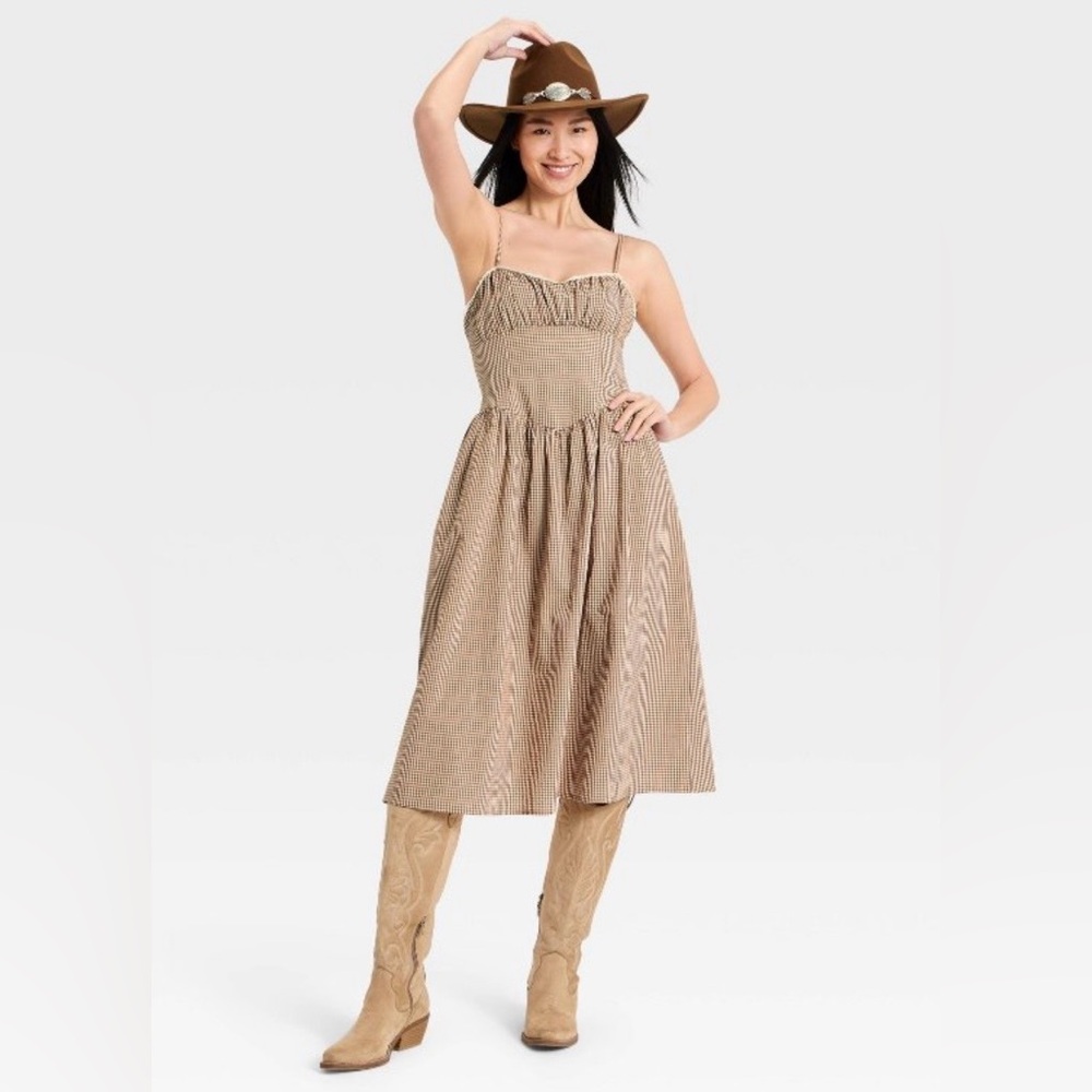 NWT Women's Corset Midi Dress - A New Day™ Brown Gingham M